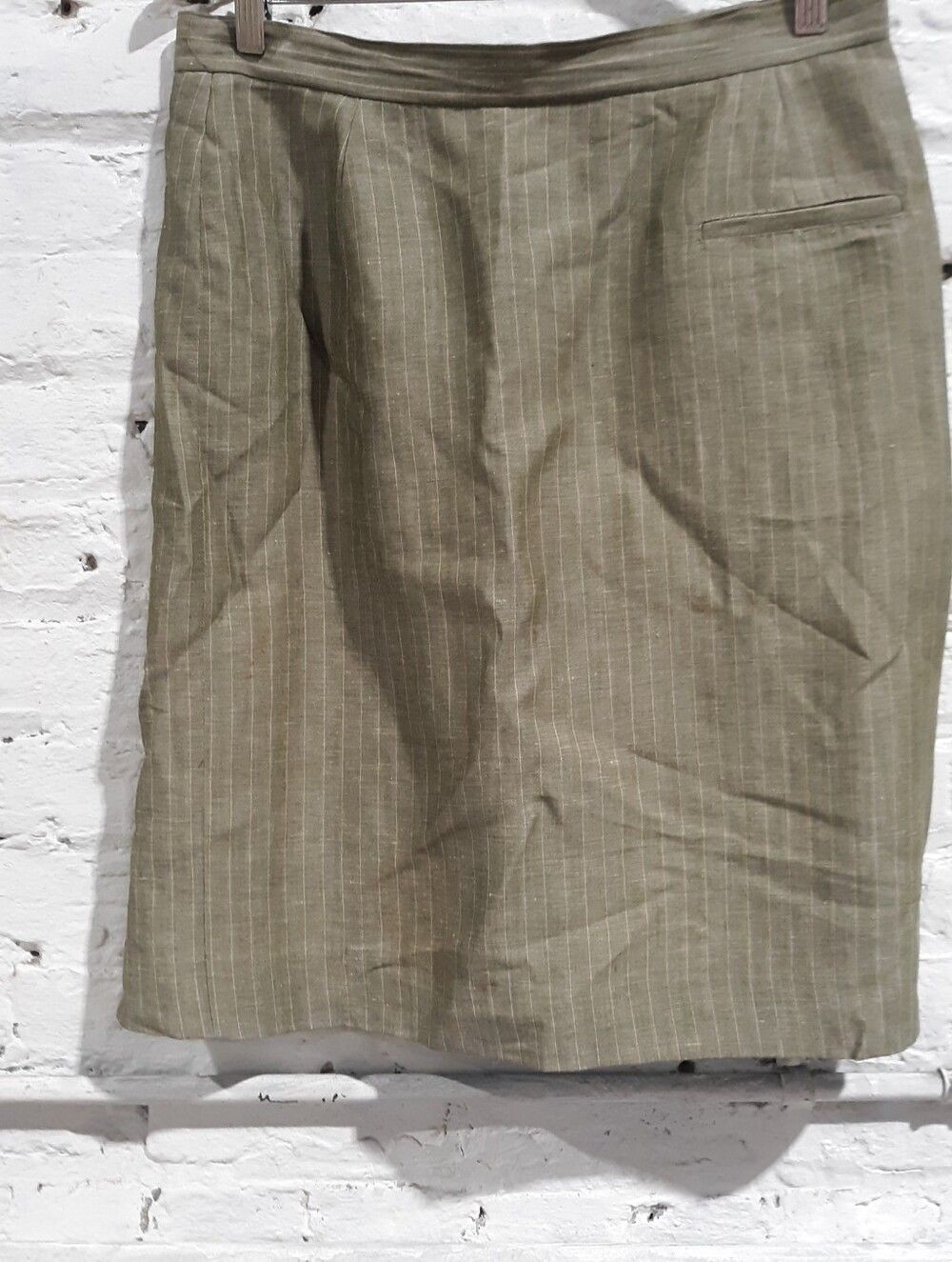 Kenar Vintage Pinstripe Linen Blend Pencil Skirt Front Pocket Taupe Khaki 10